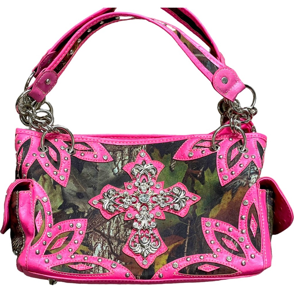 Hot pink camouflage, cross, rhinestone, and studded purse.